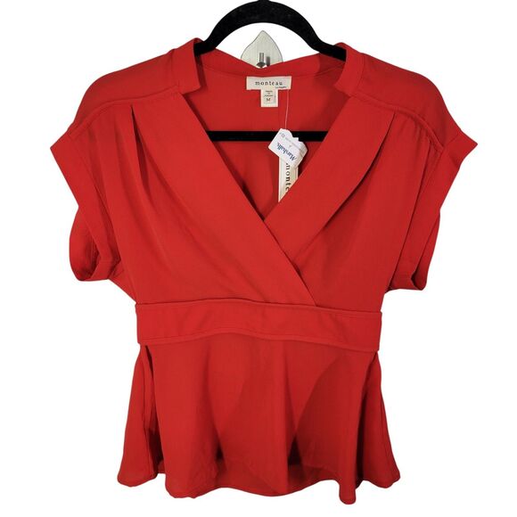 Monteau Womens Sz M Red Solid Cap Sleeve Peplum Blouse - Picture 1 of 12